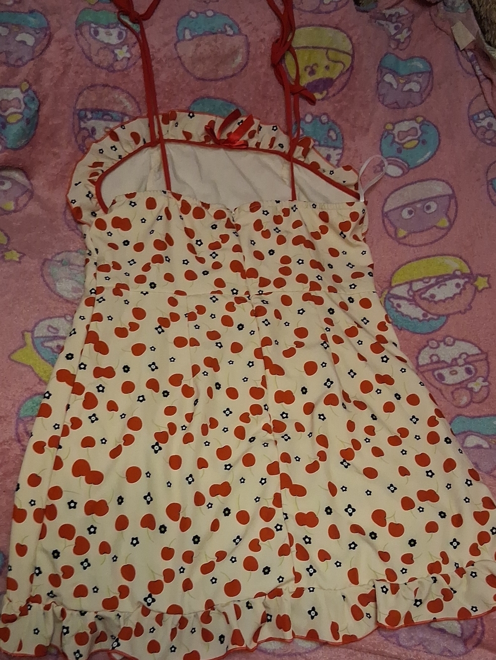 Whitish peach Sundress with Cherries And Black And White Flowers